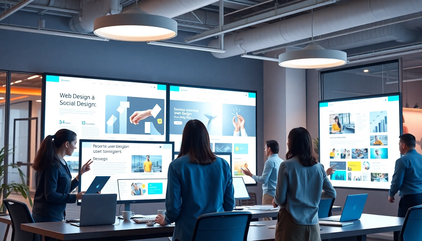 dịch vụ thiết kế website showcased in a modern office with teams collaborating on web design projects.