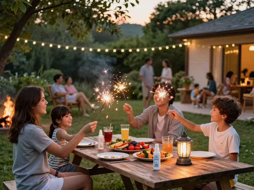 Family enjoying summer barbecue with effective mosquito repellent products, surrounded by a vibrant garden at sunset
