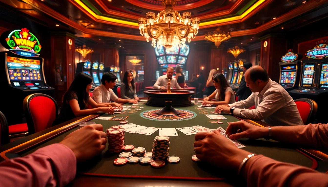 Immersive casino scene with players at a poker table inspired by https://rr88.navy/, showcasing excitement and strategy.
