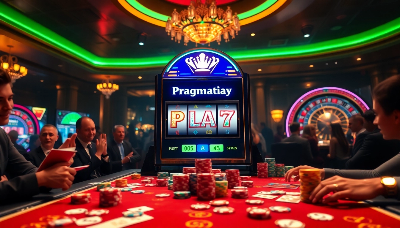 Players engaging with a Pragmatic Play slot machine in a vibrant casino atmosphere.