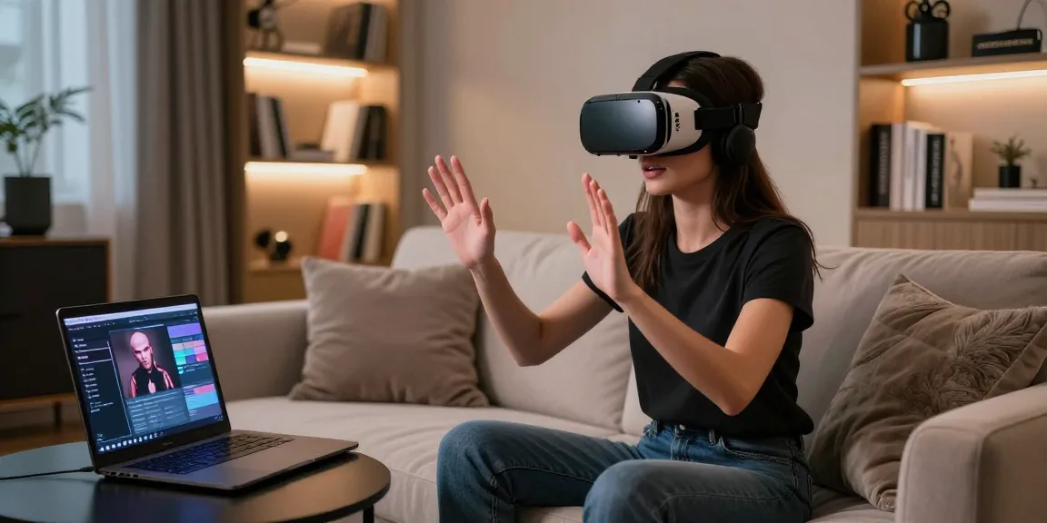 AI porn character engaging with interactive content in a modern studio, illustrating future trends in adult entertainment.