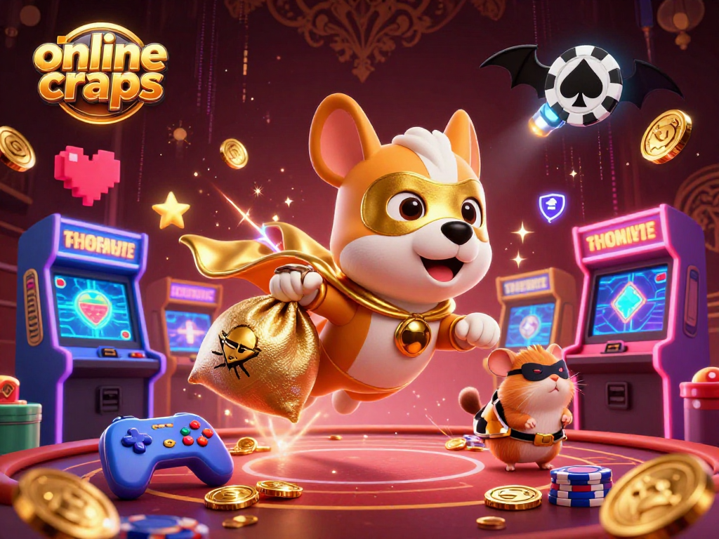 Engage in online craps excitement with a superhero dog and hamster amid casino adventure.