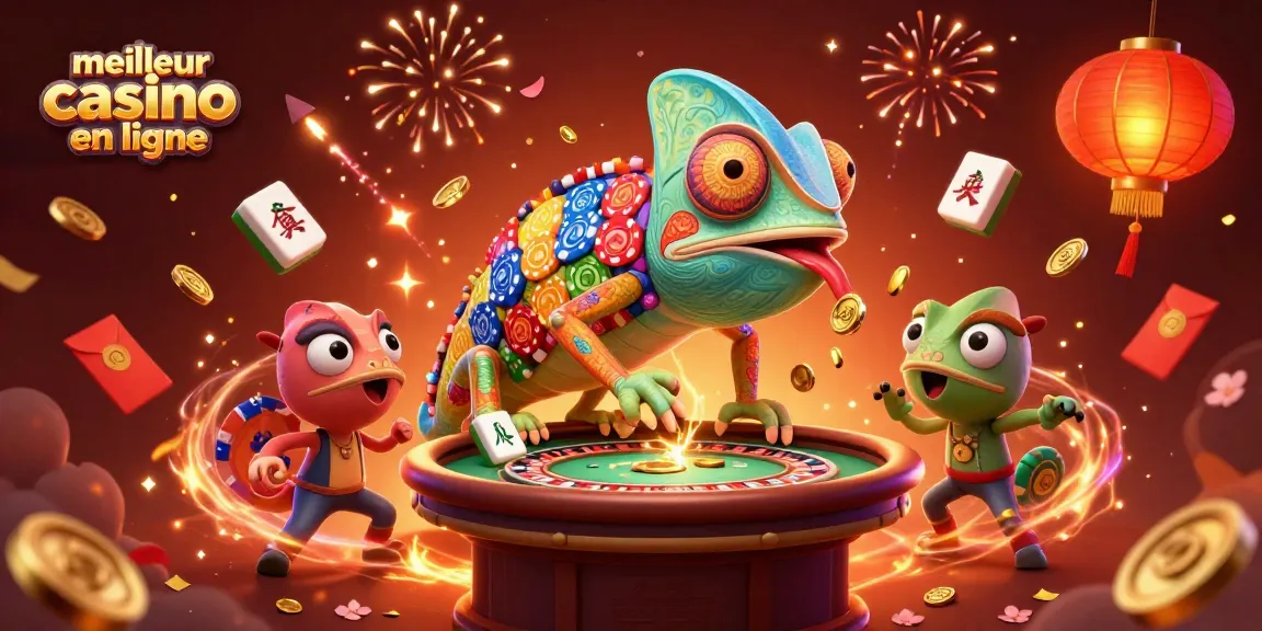 Le meilleur casino en ligne: illustration d'un propriétaire caméléon coloré attrapant des pièces d'or.
