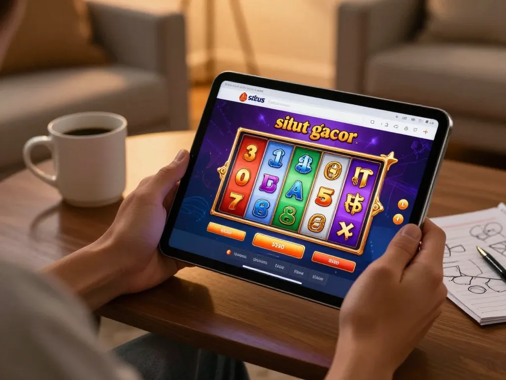 Savor the excitement of situs slot gacor with vibrant gameplay on a tablet in a cozy home setup.