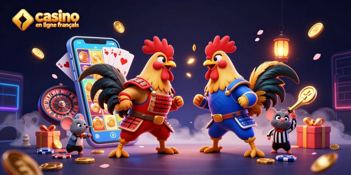 Affronter avec stratégie au casino en ligne français, coqs compétitifs et éléments de jeu colorés.