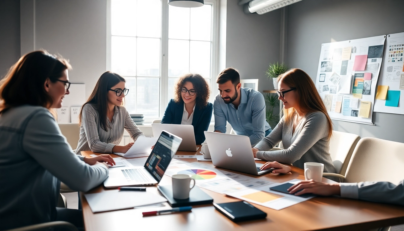 Creative team of Hereford Website Designers brainstorming in a modern office setting.