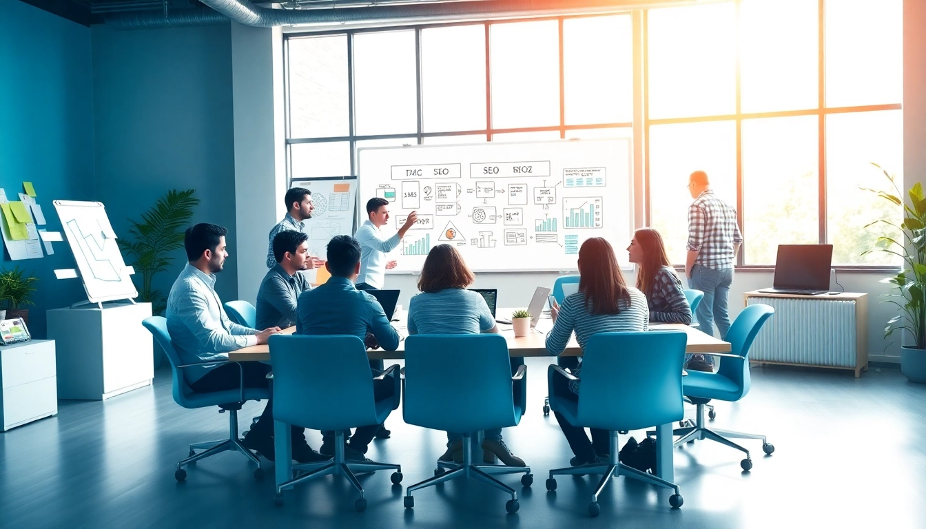 SEO Agentur mit professionellen Strategen in einem kreativen Büro, die zusammenarbeiten.
