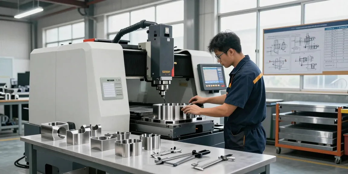 Technician crafting custom stainless steel parts with CNC milling machine in a modern workshop.