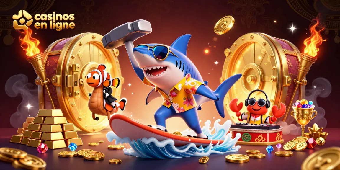 Illustration colorée de casinos en ligne avec un requin marteau, un poisson clown en smoking et un crabe DJ.
