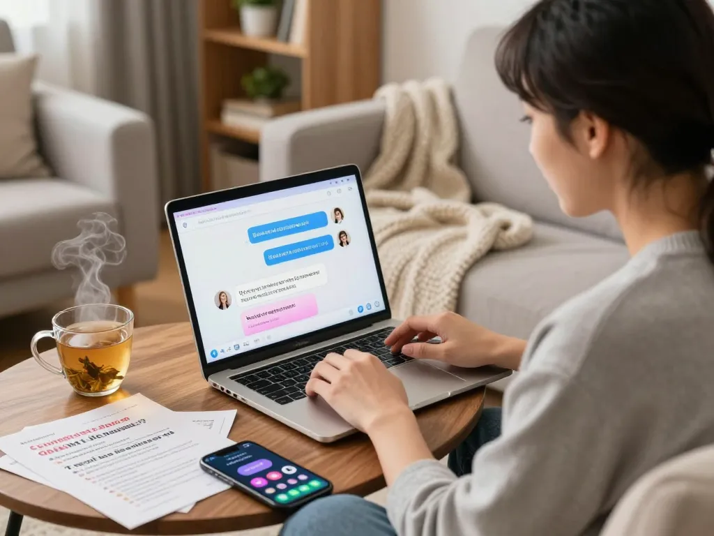 Dynamic conversation on sex chat ai between a user and AI chatbot in an inviting living room.