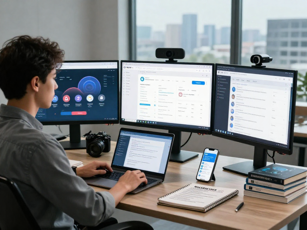 Managing multiple accounts with an antidetect browser in a modern workspace focused on digital security.