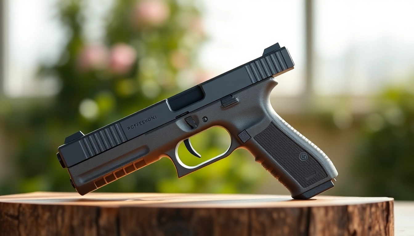 Buy Glock 19 MOS slide with sleek design displayed on a wooden surface for effective viewing.