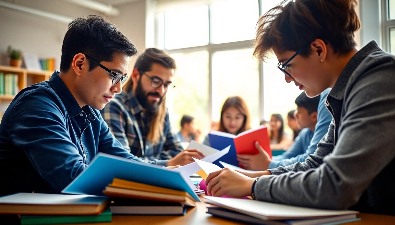 Students actively engaged in exam preparation during a vibrant study session.