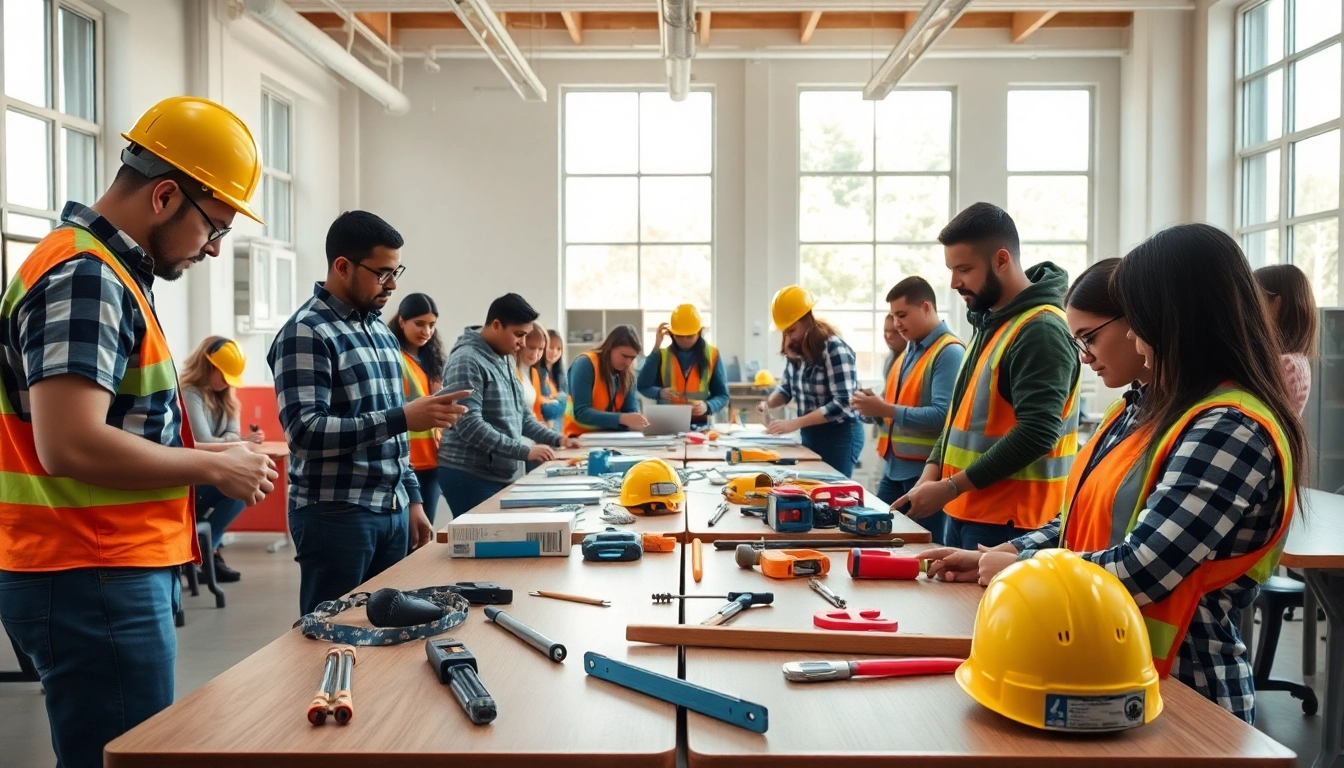 Engaged students participating in construction training programs in a vibrant classroom setting.
