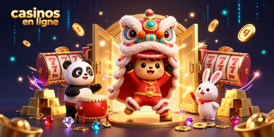 Illustration de casinos en ligne avec un lion dansant, un panda et un lapin d'explosions.