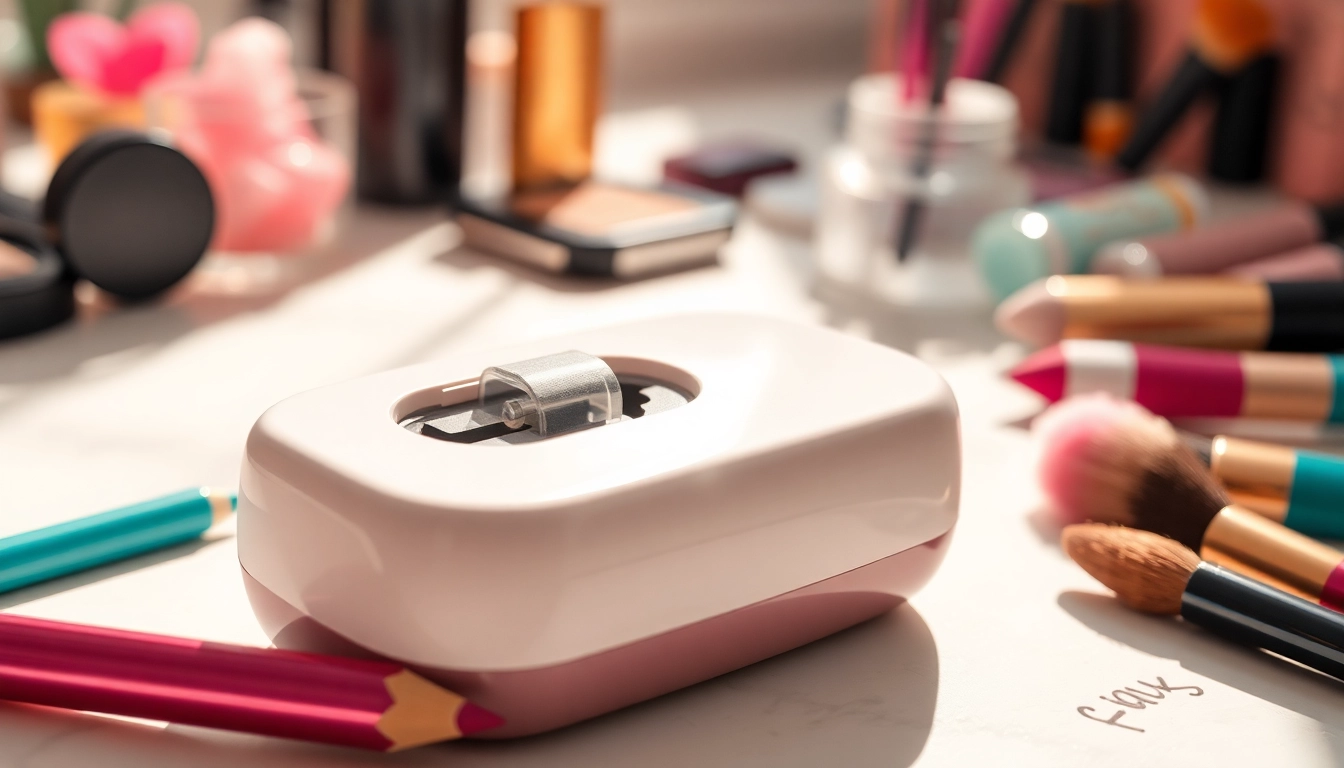 Using a makeup pencil sharpener amidst vibrant cosmetics on a vanity.