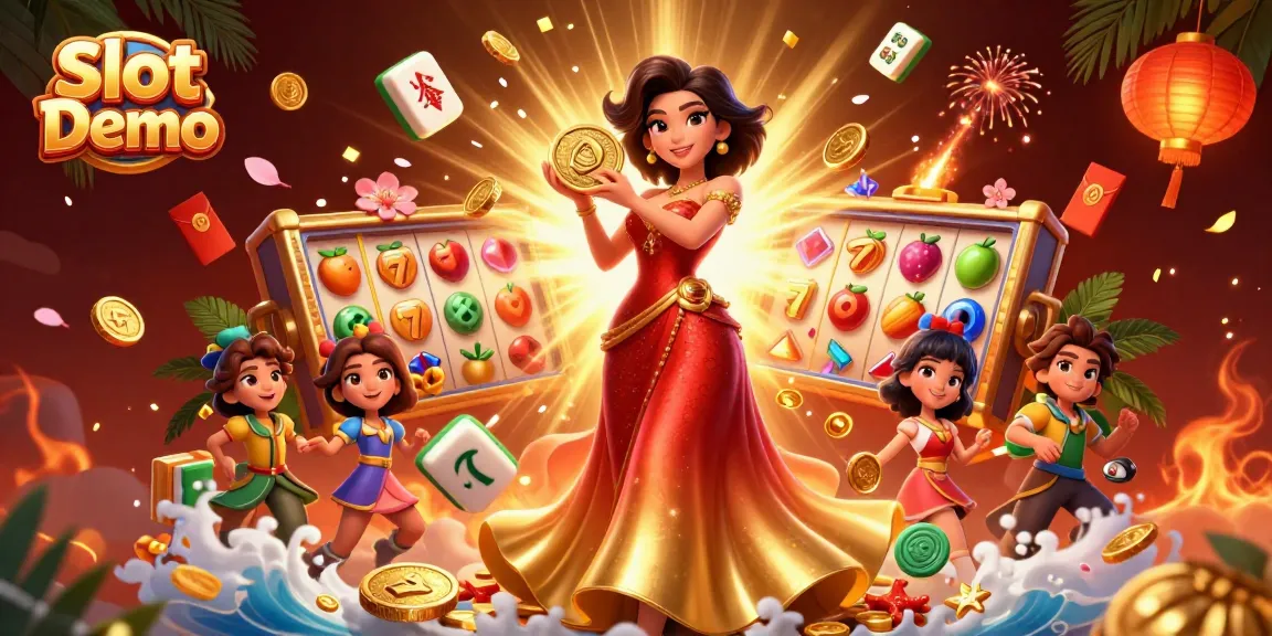 Experience Slot Demo with a captivating scene of vibrant slot elements and a radiant character.