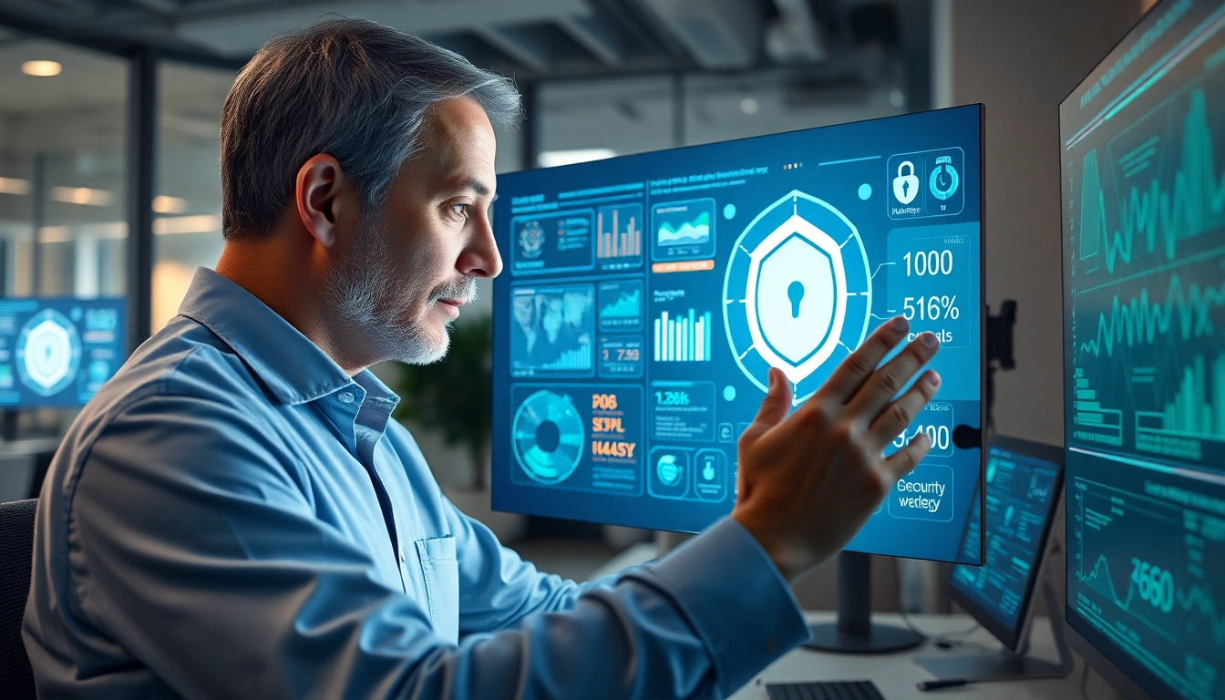 Cybersecurity AI expert analyzing data visualizations in a high-tech office setting.