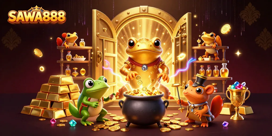 SAWA888 offers exhilarating gaming experiences with a whimsical illustration of a golden alchemist.