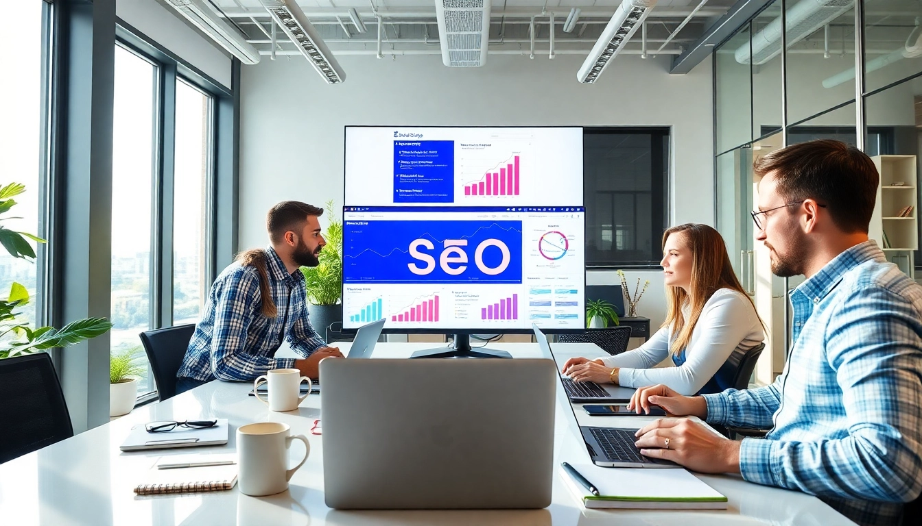 Boosting Clearwater FL SEO with a dynamic team collaboration in a modern office.