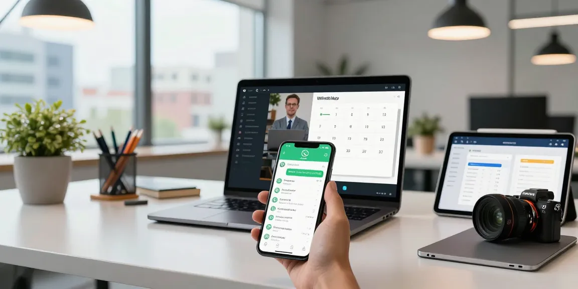 WhatsApp下載 on smartphone showcasing chat interface in a modern workspace setting with laptop and tablet.