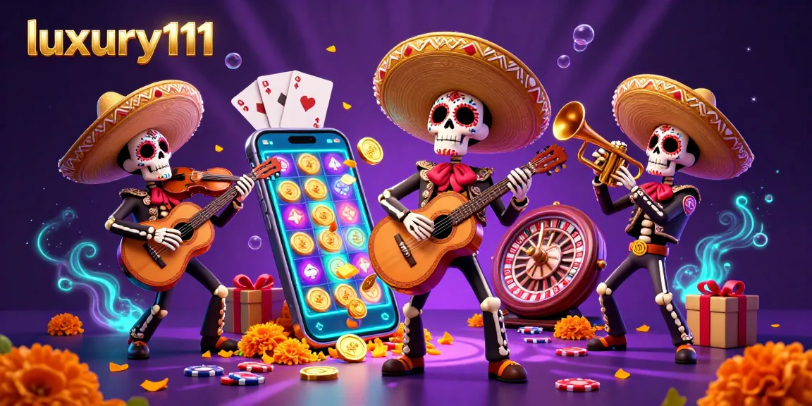 Menangkan jackpot di luxury111 dengan ilustrasi kasino yang penuh warna dan elemen permainan 3D.