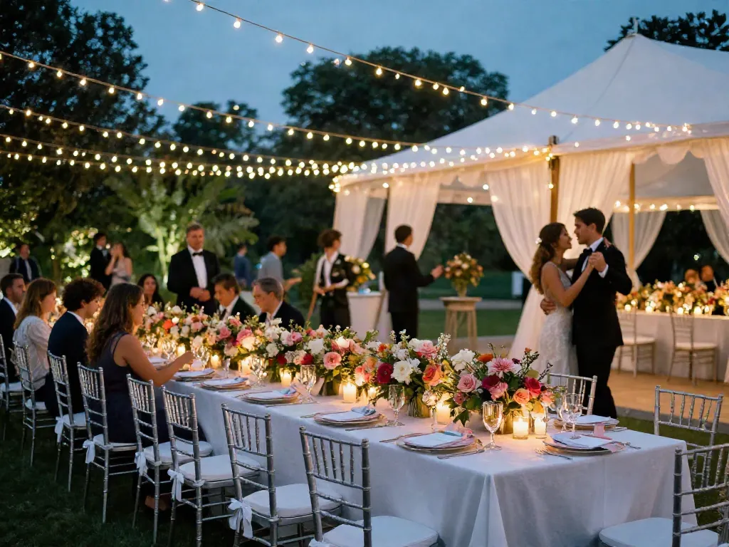 Stunning outdoor wedding reception setup with elegant event rentals.