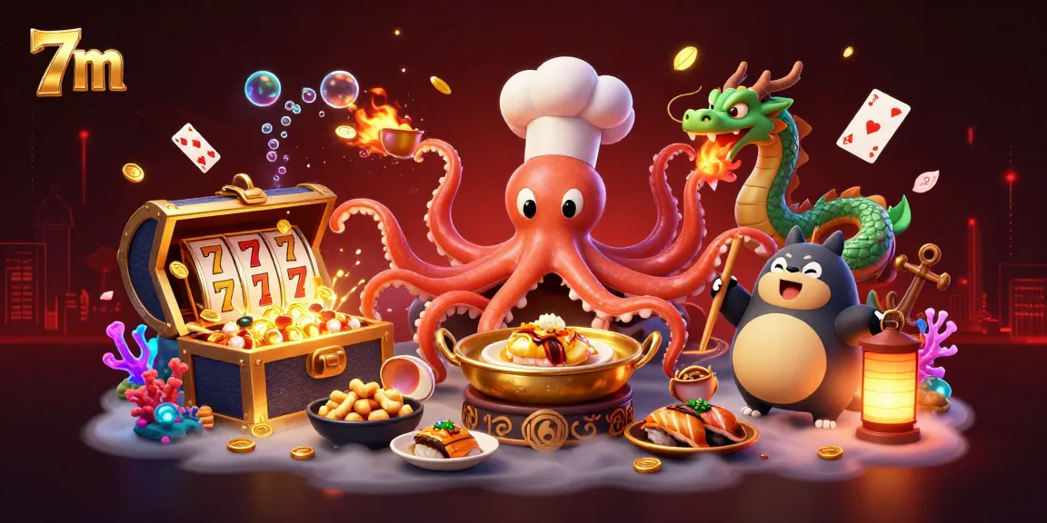 Engage in thrilling slots action with 7m's dynamic octopus chef and dragon illustration.