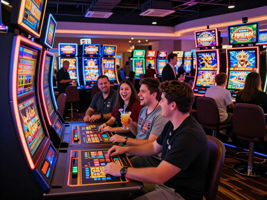 Excited players engaging with link slot machines in a vibrant casino atmosphere.