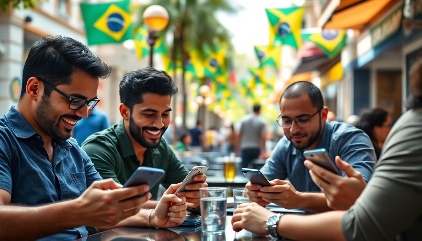 Engaged bettors using the best sports betting sites for Brazil in a vibrant outdoor setting.