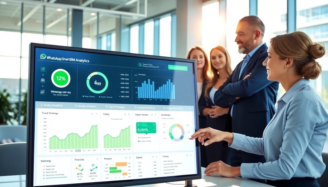 Analyze WhatsApp Smart CRM data in a collaborative business environment with engaged team members.