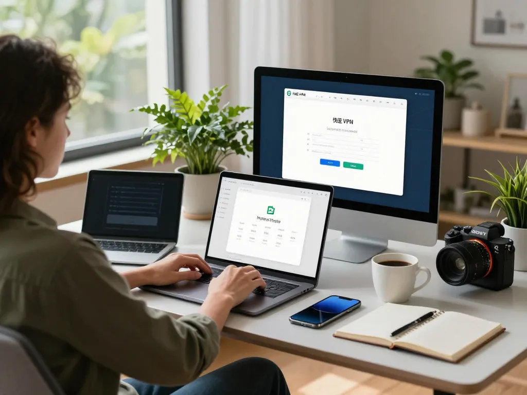 快连 VPN user enjoying a fast and secure online experience in a modern workspace.