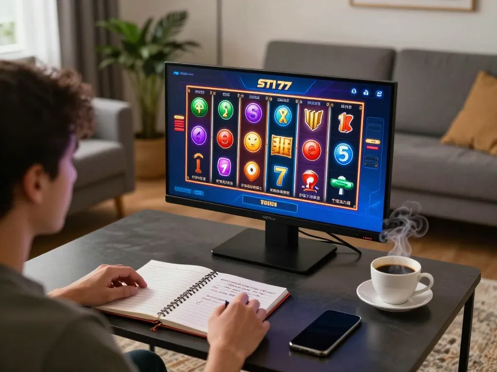 Player wins on slot77 app in a cozy home setting, showcasing online gambling excitement