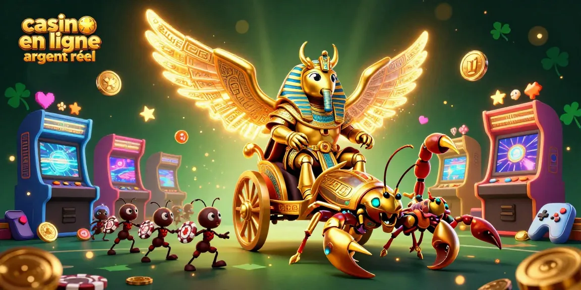 Jeu de casino en ligne argent réel illustré par un scarabée doré colossal en armure pharaonique dans une scène riche en détails.