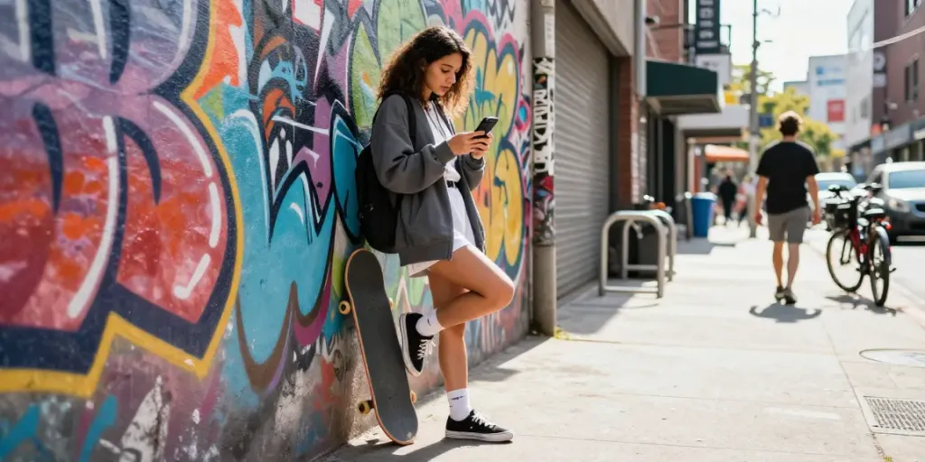 Cece Rose nude urban lifestyle moment showcasing trendy streetwear and vibrant graffiti.