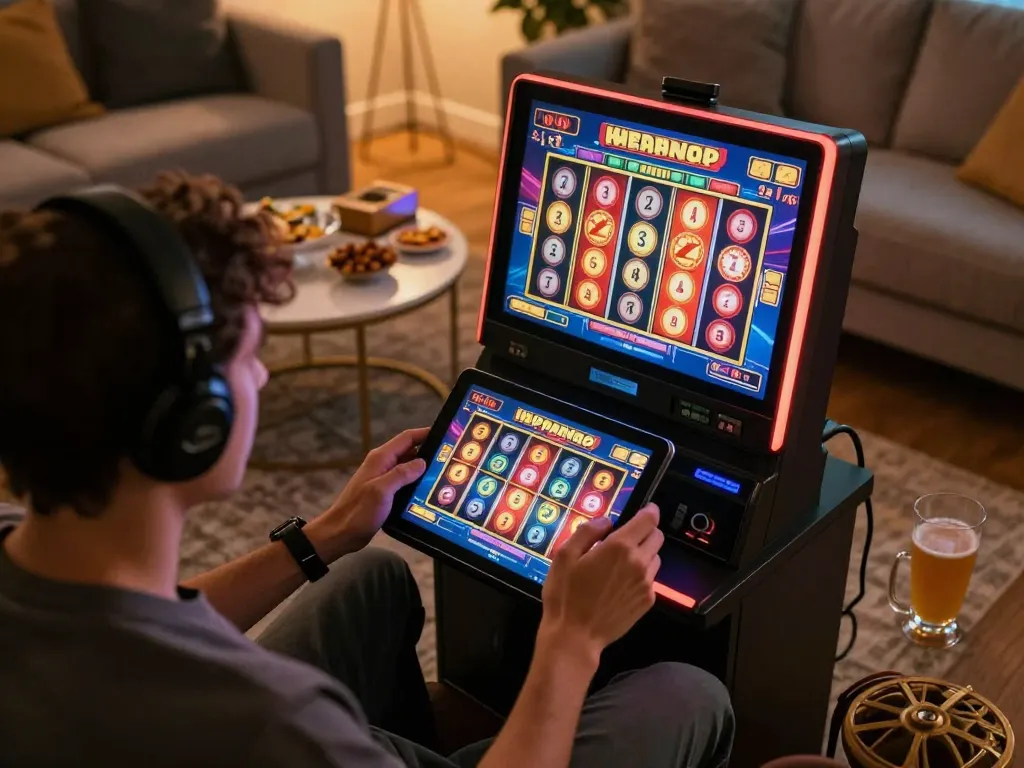 Player enjoying a slot game on a tablet in a cozy home setting, showcasing modern online gambling.