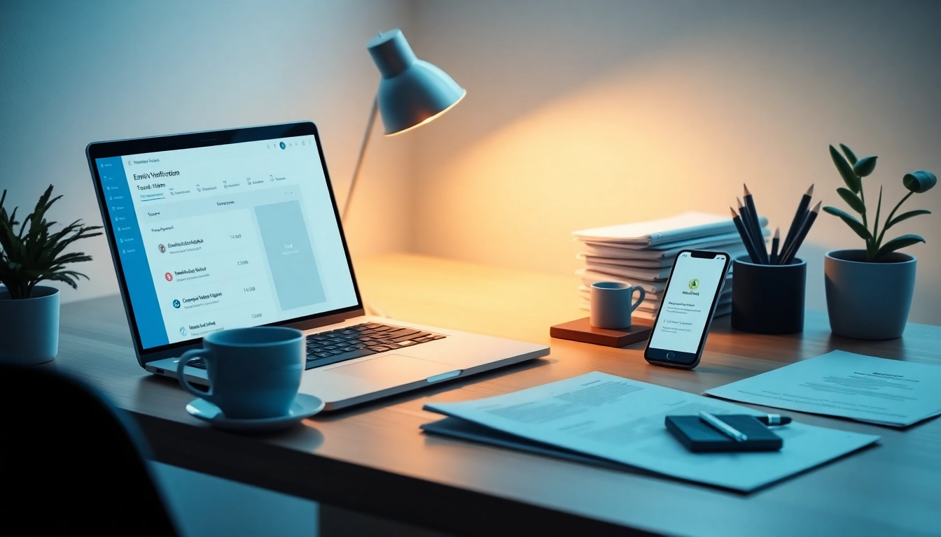 Scene depicting online email verification in a professional workspace with a laptop and clean desk.