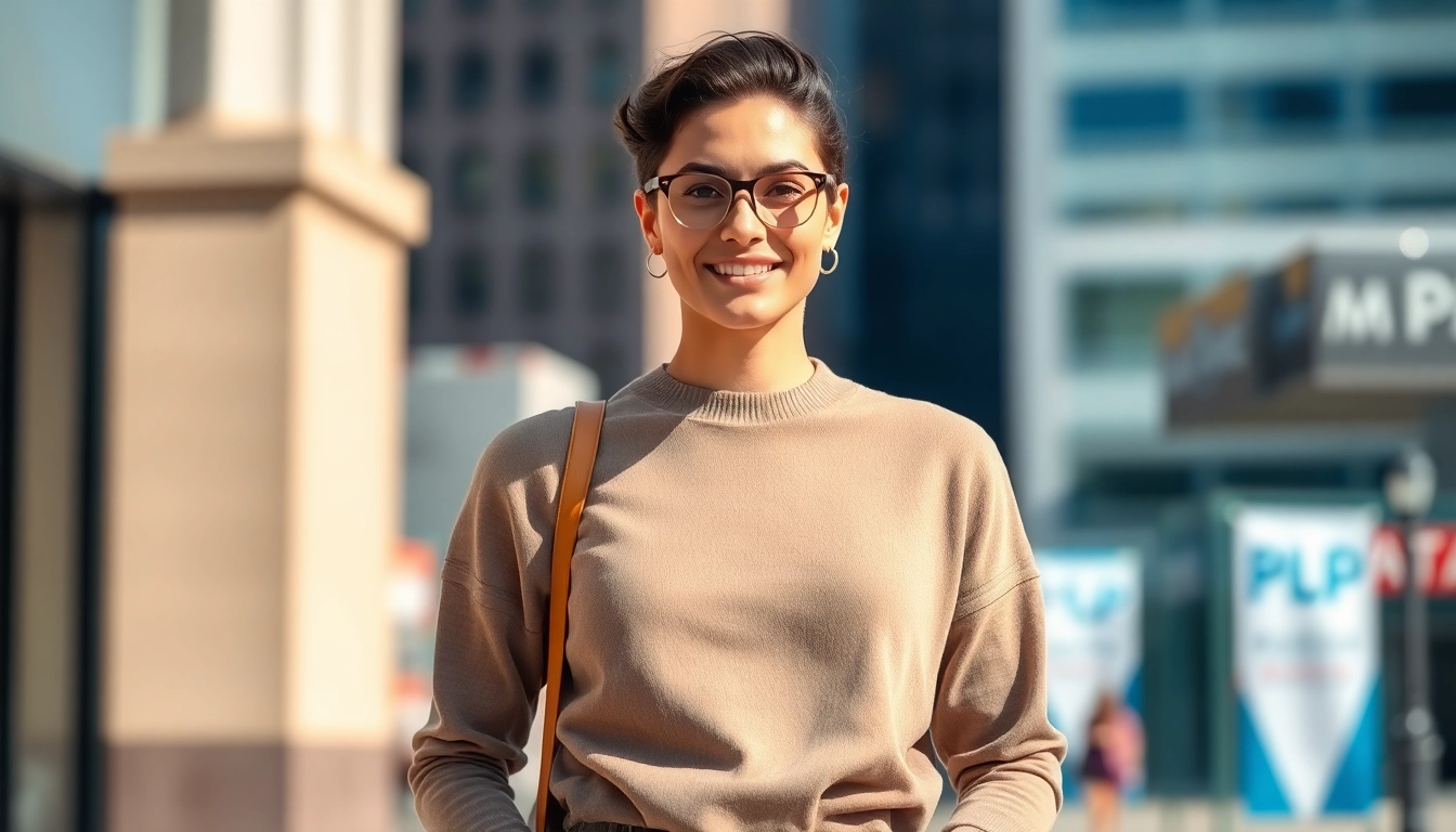 Model showcasing a stylish blank crewneck in a vibrant urban setting.