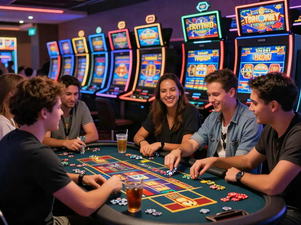 Group enjoying a slot game with slot bonus new member 100 promotion in vibrant casino surroundings.