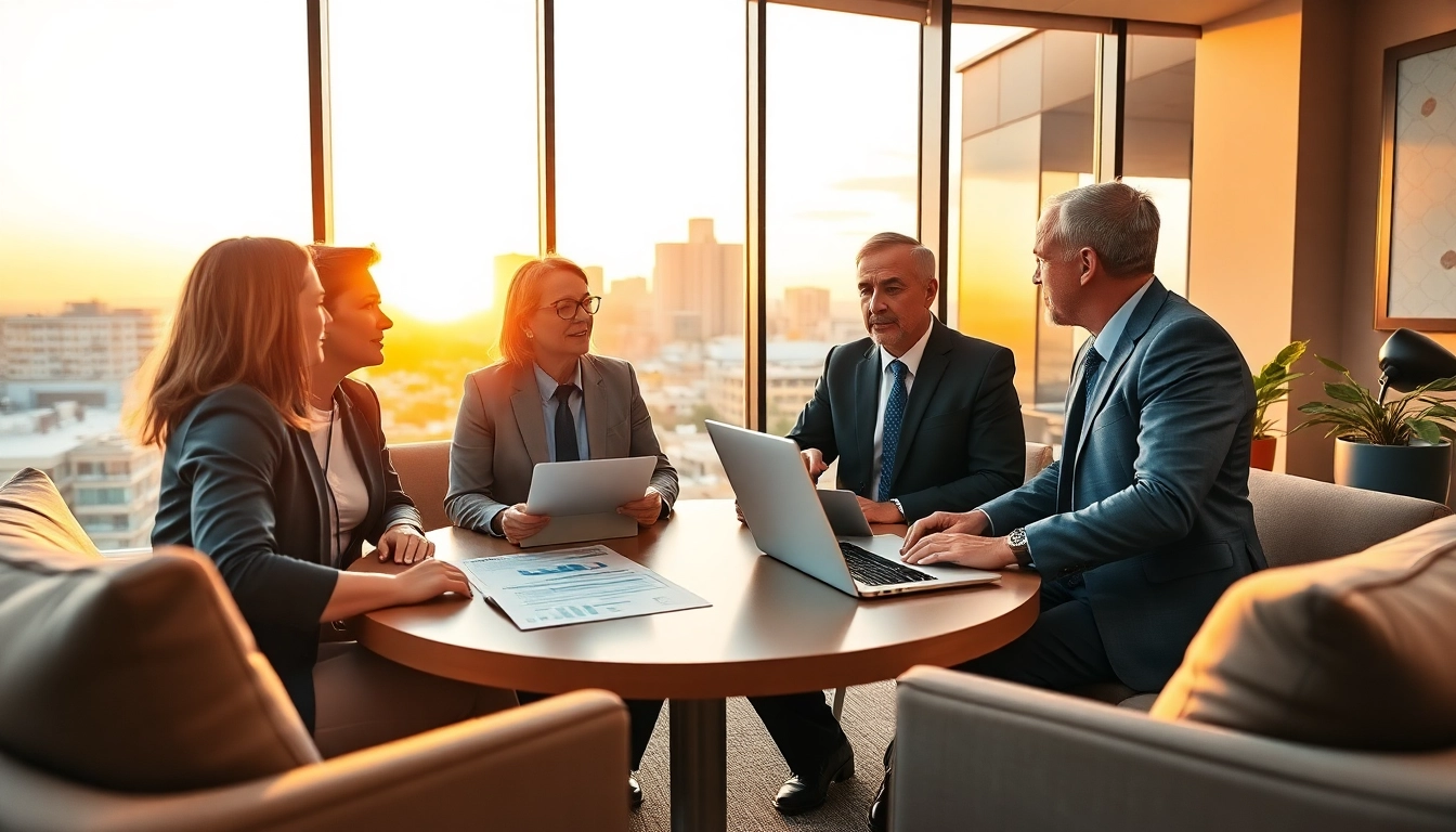 Professional team from independent wealth management firm San Antonio collaborating at a round table in modern office.