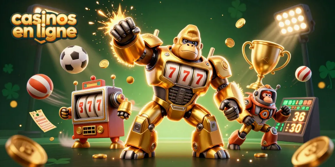 Jouez aux casinos en ligne avec une illustration captivante mettant en scène un gorille golden mech et des éléments sportifs.