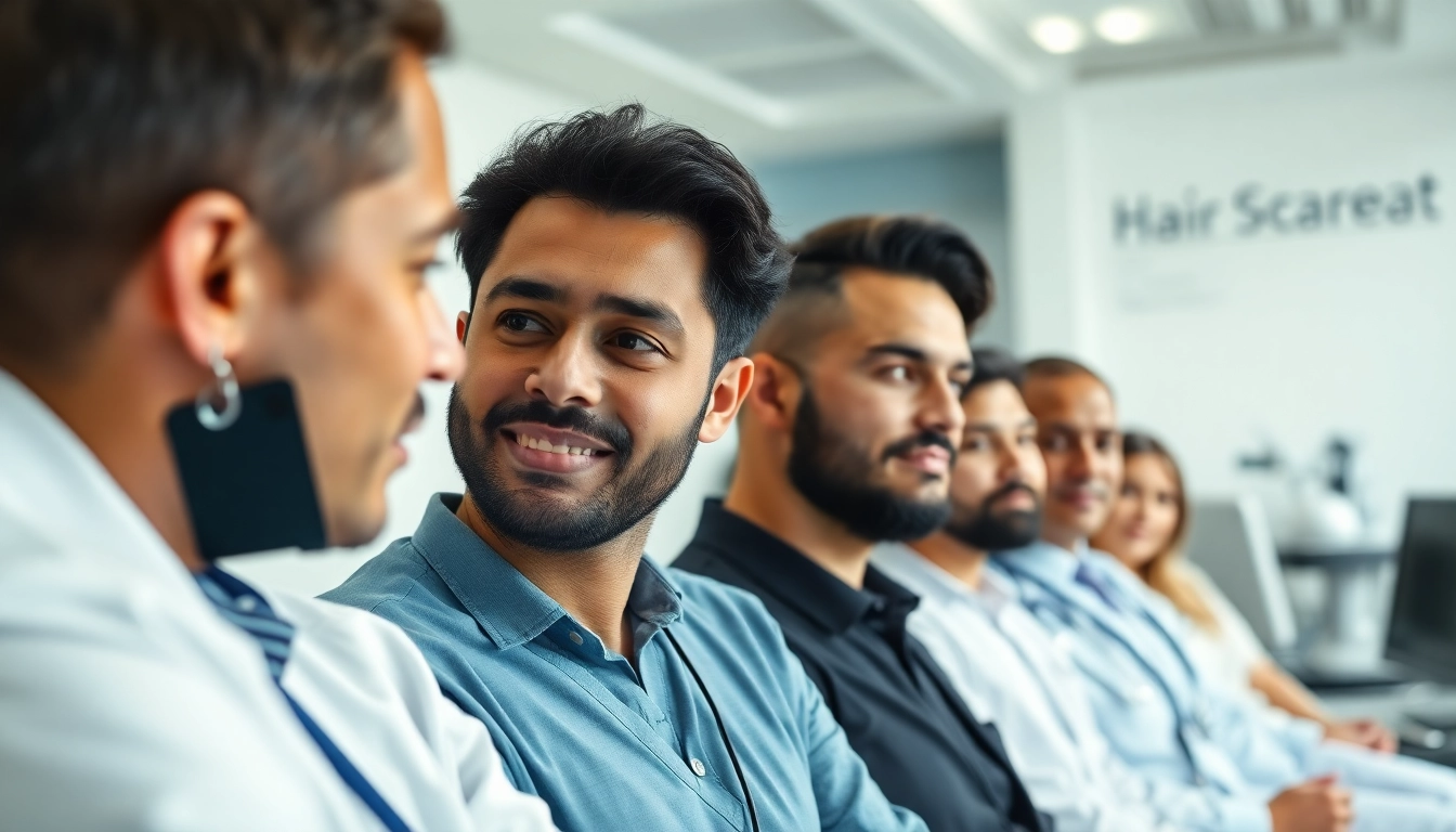 Discussing hair transplant istanbul options in a modern clinic with diverse patients and caring staff.