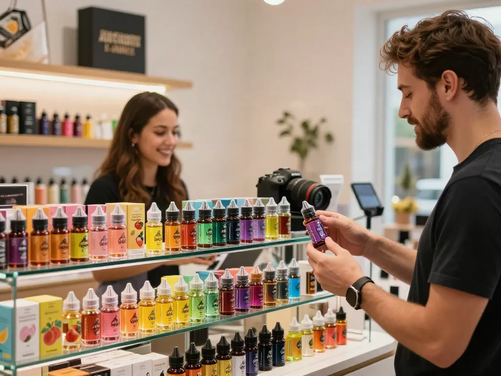 Exploring the alternativ e-liquid bundle in a modern vape shop filled with vibrant flavors.