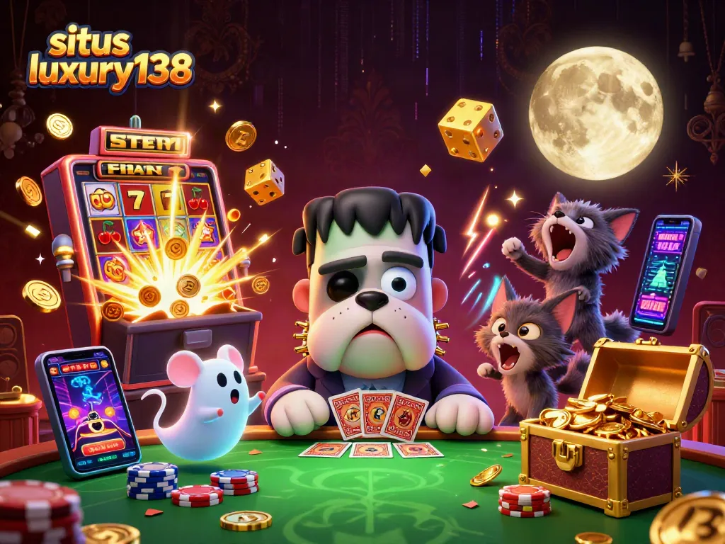 Melihat situs luxury138 dengan jackpot mengesankan dan karakter menarik dalam ilustrasi 3D.