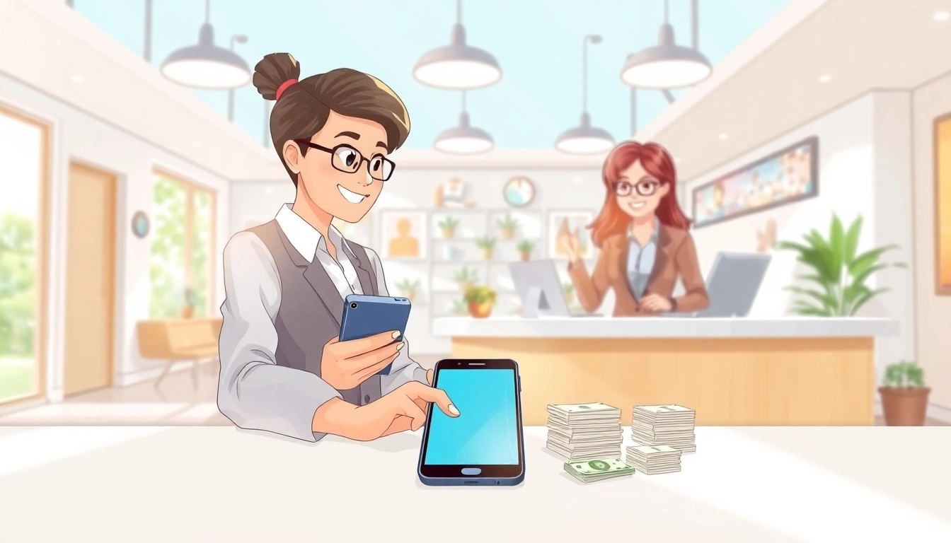 Sell phone fast cash at a friendly cash exchange setting featuring a smartphone and money.