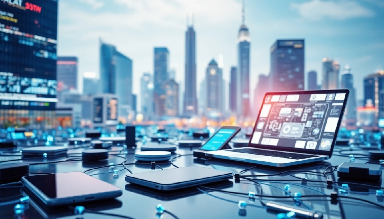 Engaging visual of Technology featuring interconnected digital devices in a vibrant urban landscape.