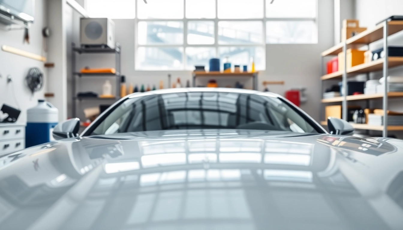 Car detailing near me featuring a polished vehicle and detailing tools in a bright workshop