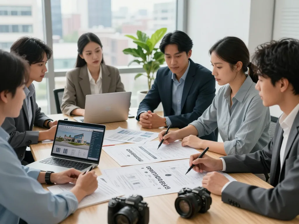 We buy houses for cash professionals discussing property offers in a modern office.