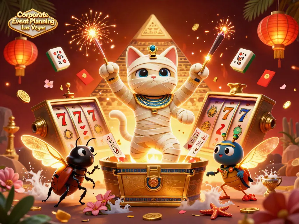 Engage in Corporate Event Planning Las Vegas with a vibrant casino scene showcasing a mummy cat and glowing scarab.