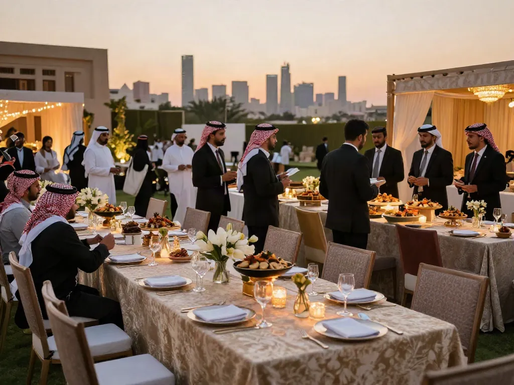 Event rentals showcasing an elegant outdoor corporate gathering in Saudi Arabia.